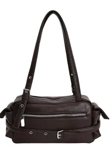 Retro dark brown biker underarm bag with silver grommets and multi-pocket design