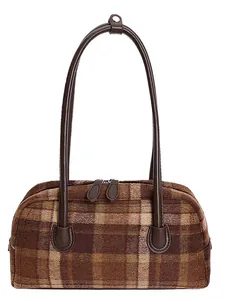 Sac Sous le Bras à Carreaux Vintage pour Femmes Sac à Main Rétro en Cuir PU Tissu de Laine Sac à Bandoulière Mode Hiver