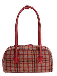 Sac à main écossais pour femme avec poignées en cuir rouge et tissu à carreaux multicolores