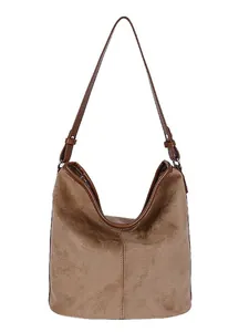Braune Wildleder-Schultertasche mit Lederbesatz, minimalistische Beuteltasche mit viel Platz