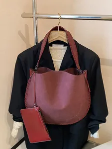 Grand Sac Fourre-tout pour Femme en Cuir PU Givré Bord Tissé Sac à Épaule Hobo Avec Pochette Sac de Mode Rétro Navette