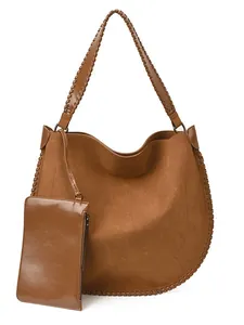 Sac fourre-tout en daim marron caramel avec coutures tressées pour le travail quotidien