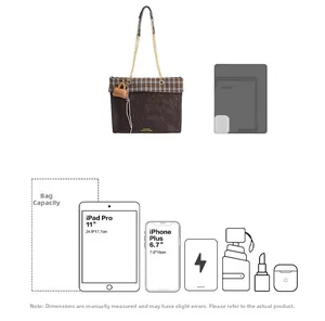 Detailansicht der großen Karo-Tasche mit Maßen für 11-Zoll-iPad Pro und Smartphone-Fach