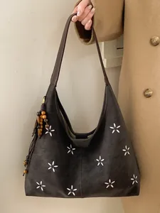 Sac Fourre-tout Hobo en Cuir PU Grande Capacité Pour Femmes Avec Broderie de Fleurs Sac à Bandoulière Rétro Gland
