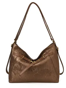 Retro large brown tote bag with metallic finish and buckle detail for daily commute