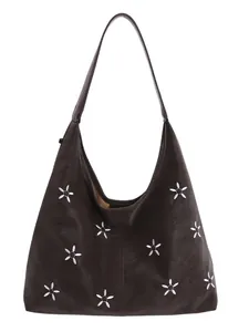 Sac fourre-tout hobo vintage en cuir marron avec broderie florale blanche pour femme