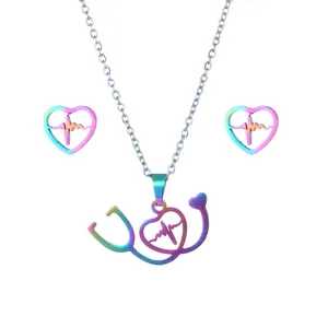 Rainbow stethoscope heart necklace and earrings set in minimalist stainless steel