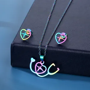 Rainbow Stainless Steel Stethoscope Heart EKG Pendant Necklace And Stud Earrings Medical Nurse Doctor Jewelry Gift
