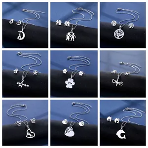 Stainless Steel Necklace Earrings For Women Minimalist Hollow Heart Star Moon Animal Pendant Jewelry Silver Tone Gift