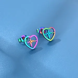 Rainbow stainless steel heart stud earrings featuring an EKG pulse line design