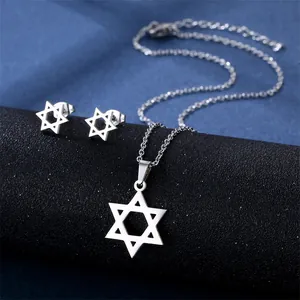 Polished stainless steel Star of David necklace and stud earrings set on a pedestal