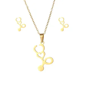 Golden stainless steel stethoscope jewelry set with heart necklace and stud earrings
