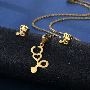 Stethoscope Heart Stainless Steel Gold Plated Pendant Necklace Stud Earrings Medical Professional Nurse Doctor Gift For Women
