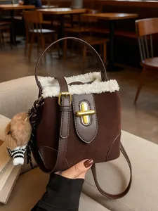 Petit Sac Seau Vintage Aspect Daim Pour Femme Garniture Fausse Peau Lainée Sac à Main Rétro PU Fermoir Tournant Sac Bandoulière
