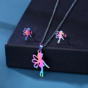 Rainbow plated stainless steel fairy jewelry set with cutout pendant necklace and earrings