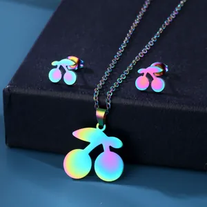 Iridescent cherry necklace and earrings jewelry set in colorful polished titanium steel