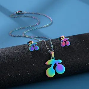 Niche Design Stainless Steel Rainbow Cherry Pendant Necklace And Stud Earrings For Women Colorful Hip Hop Style Fruit Jewelry