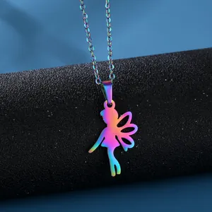 Iridescent stainless steel angel necklace featuring a cutout fairy wing pendant design