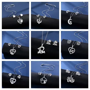 Stainless Steel Mother's Day Jewelry Set Heart Moon Hollow MOM MAMA Te Amo Mama Pendant Necklace And Stud Earrings Gift