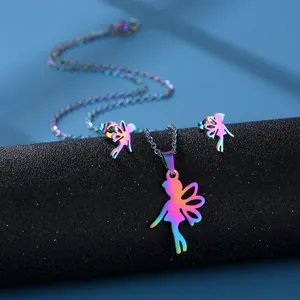 Rainbow stainless steel angel silhouette necklace and earrings jewelry set on a dark base