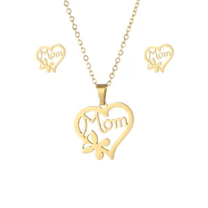 Gold stainless steel Mom heart pendant necklace and stud earrings set for women