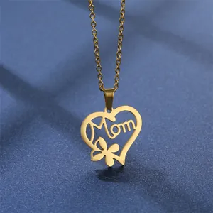 Gold hollow heart MOM necklace with flower pendant and polished stainless steel chain