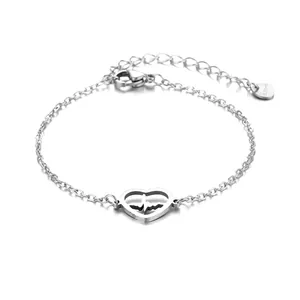 Minimalist stainless steel heart heartbeat bracelet with adjustable chain and lobster clasp