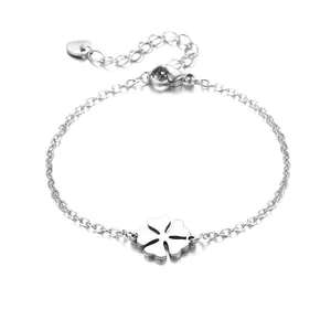 Polished stainless steel four-leaf clover heart bracelet with lobster clasp and extension