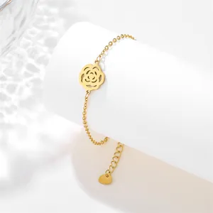 Elegant gold stainless steel bracelet with hollow rose pendant and adjustable chain