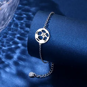Polished stainless steel soccer charm bracelet with number 12 pendant and silver chain
