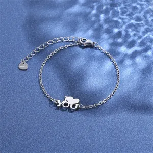 Detailed view of silver stainless steel chain bracelet featuring I LOVE YOU heart charm