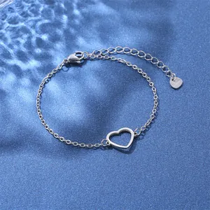 Macro shot of stainless steel chain featuring a hollow heart charm and S.Steel hallmark tag