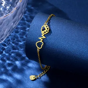 Golden stainless steel bracelet with paw print, heartbeat and heart charms on blue wave background