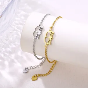 Minimalist stainless steel bracelets with hollow book charms in gold and silver finish