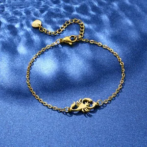 Golden stainless steel chain bracelet featuring a scorpion pendant and adjustable clasp