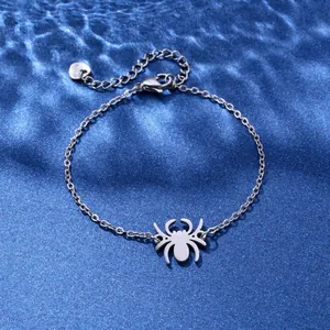 Silver stainless steel spider pendant bracelet with lobster clasp on blue background