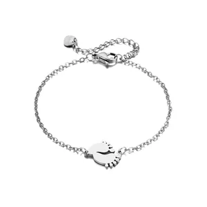 Polished stainless steel bracelet with cute baby feet pendant and adjustable link chain