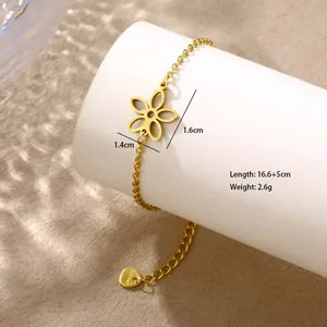 Detailed view of gold stainless steel hollow flower bracelet with precise dimensions
