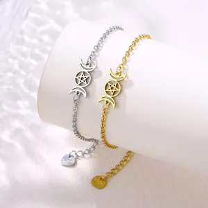 Minimalist stainless steel triple moon and pentagram charm bracelet in gold and silver