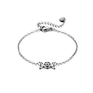 Stainless steel triple moon goddess and pentagram pendant bracelet with adjustable chain