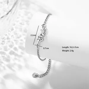 Detailed view of stainless steel bracelet with hollow flower charm and size specifications