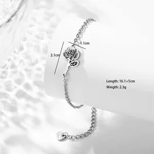 Detail of silver stainless steel rose charm bracelet with dimensions and weight display