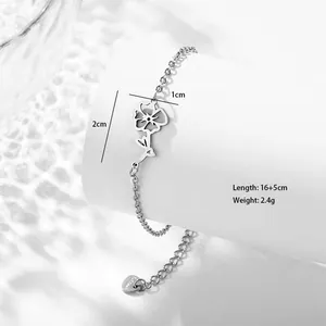 Macro shot of silver flower bracelet showing 16+5cm length and S925 engraved stamp