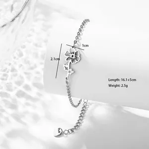 Detailed size specifications of stainless steel floral pendant bracelet on white pedestal