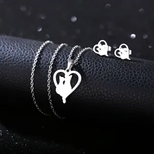 Polished stainless steel heart and cat necklace and earrings jewelry set for couples