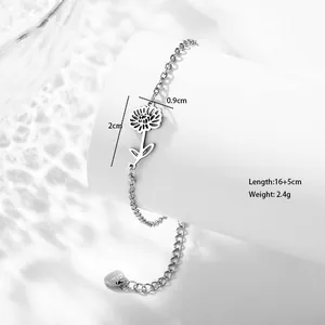 Detail of silver stainless steel sunflower bracelet showing 16+5cm adjustable chain and charm