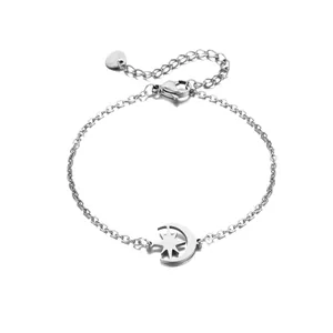 Polished stainless steel star and moon pendant bracelet with adjustable lobster clasp chain