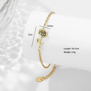 Détail du bracelet tournesol doré avec dimensions de 16+5cm de long et 2g de poids