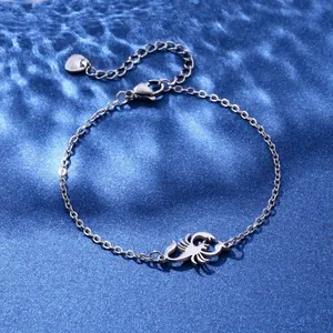 Macro view of silver scorpion pendant with lobster clasp and heart tag on water ripple background