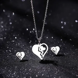 Polished stainless steel heart pendant necklace and stud earrings set for women